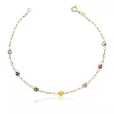 Pulseira Feminina De Ouro Com Pedras Coloridas Puro 10k