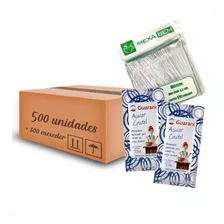 500 Açúcar Cristal Guarani Sachê 5g E 500 Mexedor 8,5cm Café