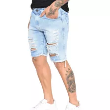 3 Bermuda Jeans Masculina Preta Rasgada Lycra Destroyed Nf