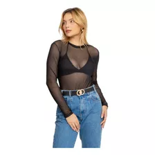 Blusa De Tule Feminina Manga Longa Gola Alta Transparência