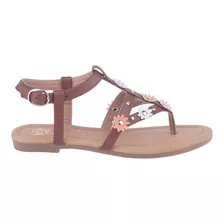 Sandalias Casual Niña, Tipo Piel Color Miel Con Flores 77012