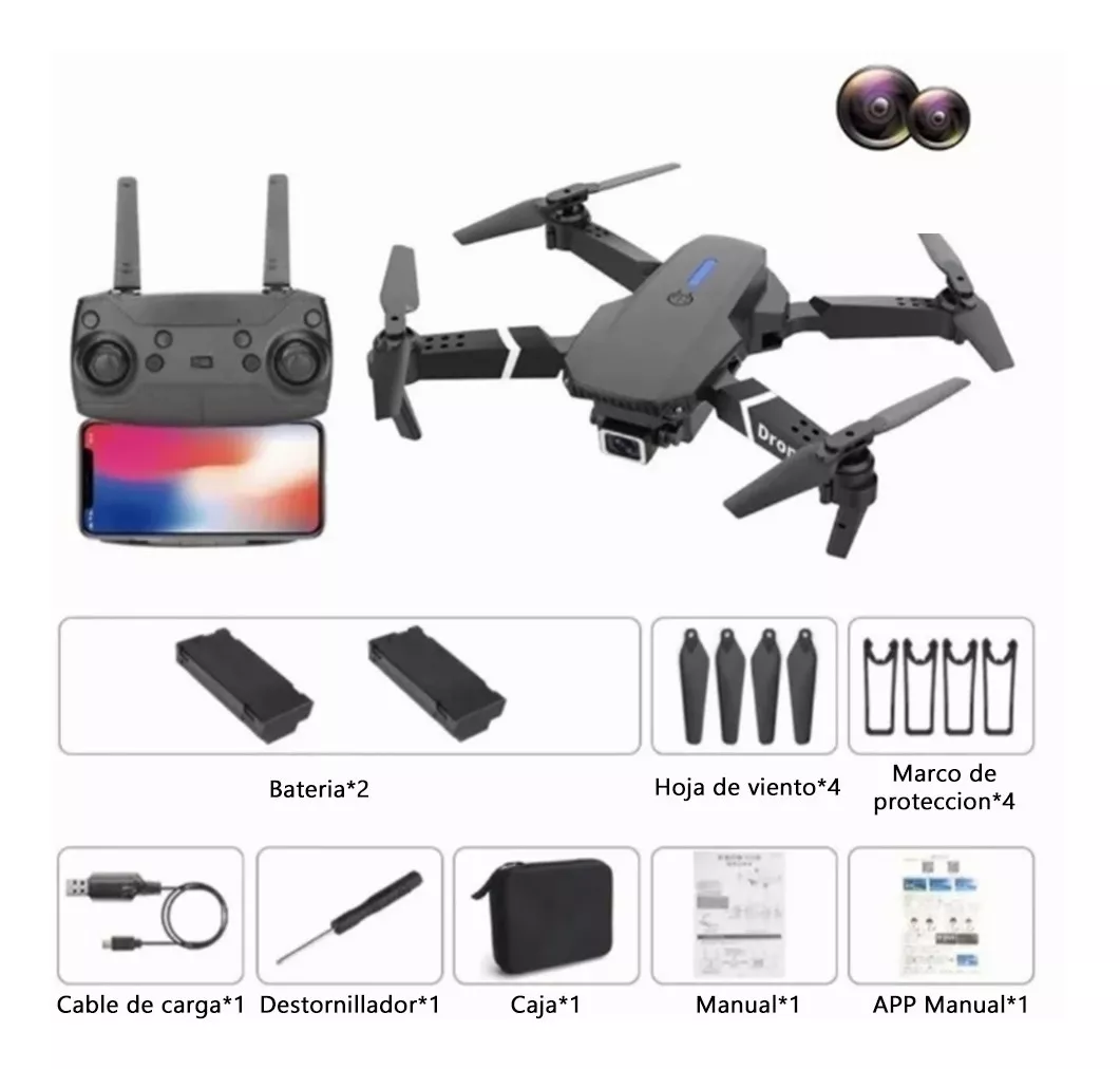 Control Remoto Drone Con Par Cámara 4k Quadcopter + 2batería