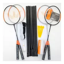 Kit Vollo Badminton 4 Raquete + 3 Petecas + Rede E Suportes Cor Preto E Laranja