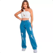 Calça Jeans Pantalona Wilde Leg Feminina Lycra Cintura Alta