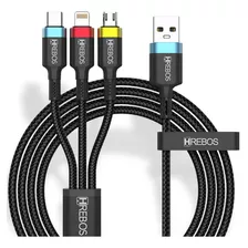 Cabo Carregador Usb Turbo 3 Em 1 Tipo C Lightning E Usb V8 Cor Preto