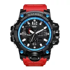 Reloj Pulsera Smael 1545 De Cuerpo Color Negro, Analógica-digital, Para Hombre, Fondo Negro, Con Correa De Poliuretano Color Rojo, Agujas Color Blanco Y Negro, Dial Blanco, Subesferas Color Negro, Min