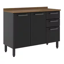 Balcão Gabinete Cozinha De Aço Com Tampo 3 Portas 2 Gavetas Preto Grafite Bertolini 120cm