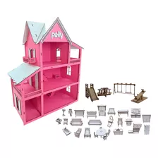 Casa Boneca Grande + 30 Mini Moveis + Parquinho Em Promoção