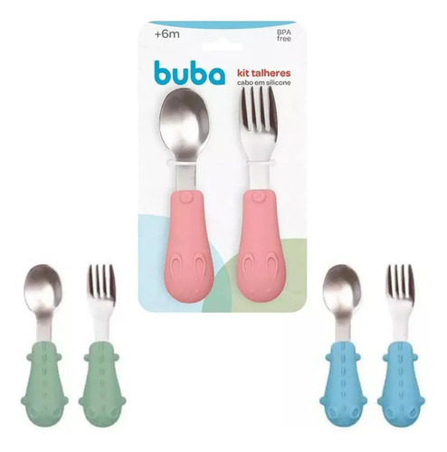 Kit Alimentação Talheres Infantil Cabo Em Silicone Bebê Buba Cor Rosa
