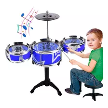 Bateria Infantil Completa Musical 3 Tambores 1 Banquinho Cor Azul