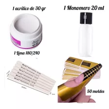 Kit Polvo Acrílico 30 Gr+ Monomero +50 Moldes De Papel+lima