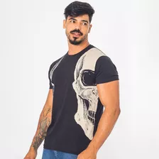 Camiseta Masculina Slim Estampa Caveira Aplicação De Brilho