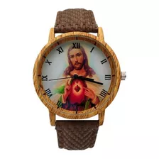 Reloj Jesus Sagrado Corazon Tono Madera + Estuche 