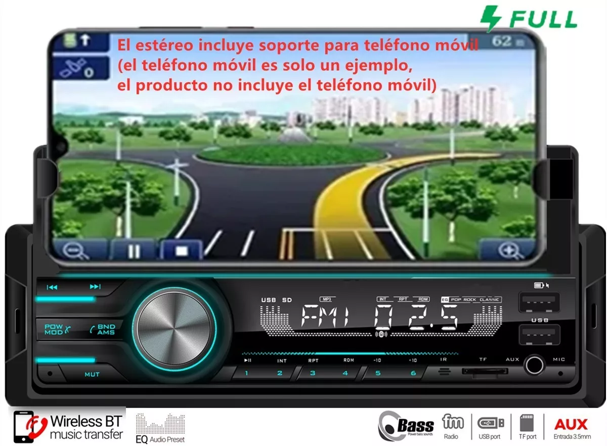 Autoestereo Reproducto Bluetooth Mp3 Radio Con Soporte Móvil