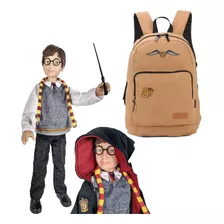 Kit Mochila Bege Neutra Escolar + Boneco Grande 45cm Harry