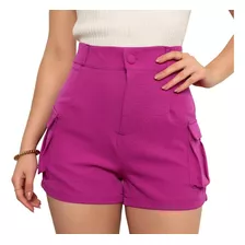 Shorts Feminino Cintura Alta Alfaiataria Social Bolso Cargo