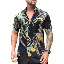 Camisa Masculina Floral Listrada Estampada Viscolinho