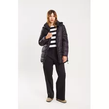 Campera Puffer Larga Capucha Corderito Negro -koxis Mujer