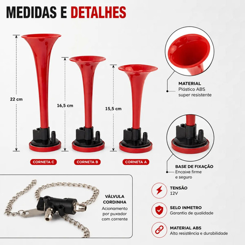 Buzina A Ar Verdureiro 3 Cornetas Vermelha Com Cordinha — foto 4