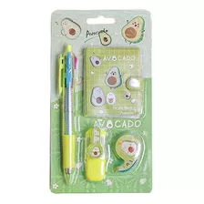 Kit Estudiantil Avocado Kawaii Libreta Bolígrafo Resaltador