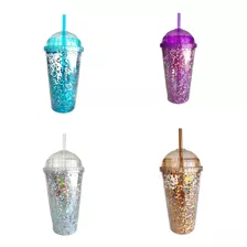 Paquete 12 Vasos Glitter Con Tapa Decorados Modelos 008