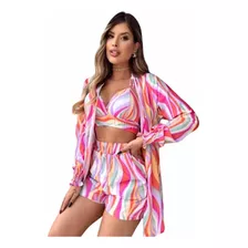 Conjunto Feminino Kimono Shorts Top 3 Peças Cropped Blogueir