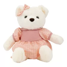 Urso Branco Sentado Vestido Rosa Quadriculado Pelúcia 30 Cm Cor Bege