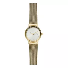 Reloj Pulsera Skagen Freja Lille Freja De Cuerpo Color Dorado, Analógica, Para Mujer, Fondo Plata, Con Correa De Acero Inoxidable Color Dorado, Agujas Color Dorado, Dial Plata, Bisel Color Dorado Y He