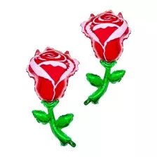 2 Globos Flor Rosa Roja Con Tallo Verde