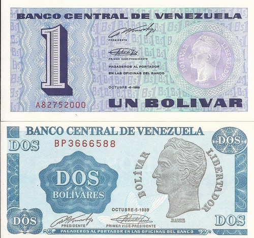 Billetes 1 Y 2 Bolivares  - Tinoquito Octubre 1989 Nuevos