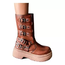 Botas Estribo Caña Media Hebillas Plataforma Moda Mujer 520