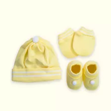 Kit Touca Luva E Sapatinho Tricot Bebê Rn Amarelo