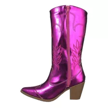 Bota Feminina Country Cano Longo Napa Metalizada Pink