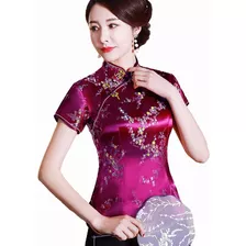 Cheongsam Chino Blusa Etnica De Manga Corta Con Cuello Alto