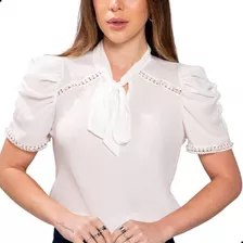 Blusa Feminina Manga Bufante Princesa Com Gola Laço Pérolas