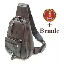 Mini Bolsa Lateral Masculina De Couro Legitimo + Brinde 