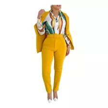 Conjunto Calça Alfaiataria Cinto E Blazer Com Botões Dourado