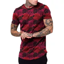 Camiseta Camisa Masculina Long Line Floral Vermelho Rosas