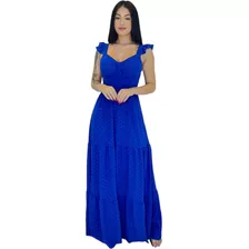 Vestido Longo Luxo Feminina Franzido Com Babada Na Mangas 