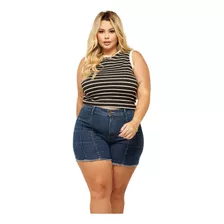 Short Feminino Jeans Plus Size Lycra Cintura Alta Moderno Lu