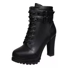 Botas De Cuero Con Plataforma Y Hebilla Para Mujer, Negro