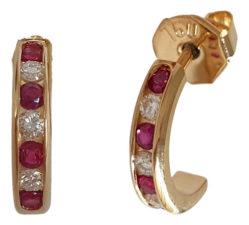 Brinco Meia Argola Vintage Hstern Ouro 18k Rubi E Diamantes Amarelo