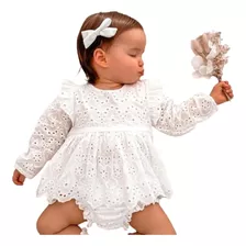 Conjunto Bebê Menina Romper Vestido E Calça Batizado 3-6m 