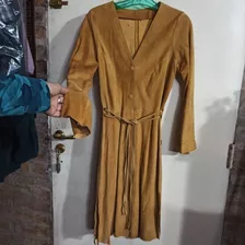 Vestido Cardon Gamuza Fina Cuero Autentico Con Lazo Camel S 