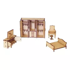 Kit Miniatura Quarto Casal Com 5 Peças Cama Guarda Roupa Mdf