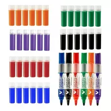 Combo 6 Pinceis Para Quadro Branco Recarregável + 36 Cargas Cor Da Tinta 1 De Cada Cor + 6 Recargas