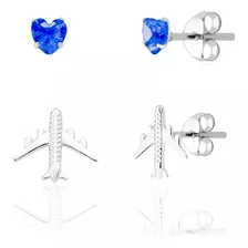 Kit De Brincos Coração Azul E Avião Prata 925