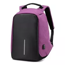Mochila Antirrobo Porta Notebook Impermeable Acolchada Usb Color Purpura-negro Diseño De La Tela Liso