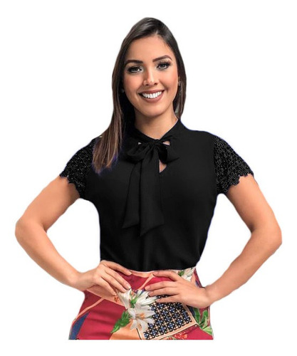 Camisa Social Feminina Com Laço Secretaria Chique Moda Rf126