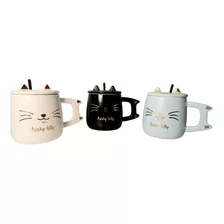 Taza De Cerámica Gato Kawaii + Cuchara + Tapa Dseño Creativo